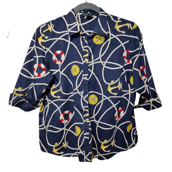 Lauren Ralph Lauren Sz 2X Blue Nautical Print Button Up Shirt Navy Yellow Yacht - Picture 1 of 5